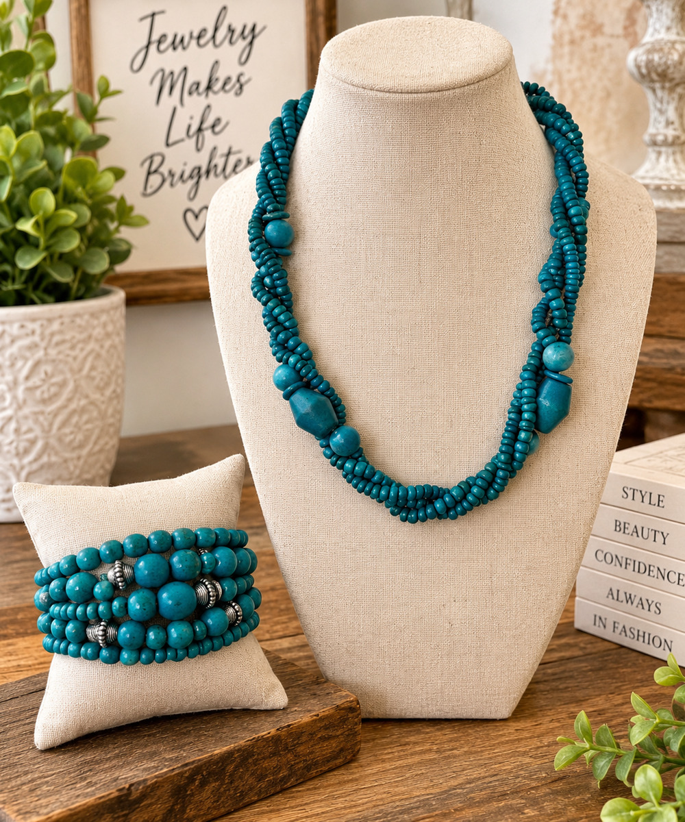 Turquoise Wooden Bead Necklace Bracelet Set Boho Southwestern Artisan Style